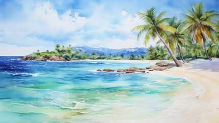 Fototapeta na wymiar Vibrant Watercolor Tropical Beach with Crystal Clear Water and White Sand AI Generated