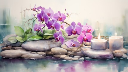 Obraz na płótnie Canvas Tranquil Watercolor Zen Spa with Candles, Stones, and Orchids AI Generated