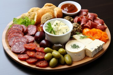 Fototapeta na wymiar Gourmet Meat Sausages and Cheese Selection Plate with Antipasti. Delicacies and Flavors Galore
