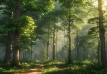 Fototapeta na wymiar Summer Green dense forest, rays of sunlight seeping through the foliage