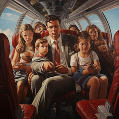 Fototapeta premium Happy family traveling by airplane. Mother, father and children on the plane.