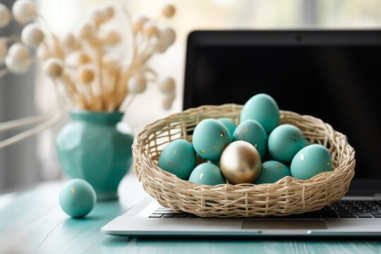 Easter eggs in the nest, next to the laptop on the desk, with flowers in background. Modern Easter concept. Office work.