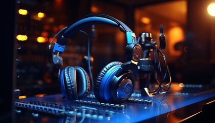 Fototapeta na wymiar Studio condenser microphone on musician blurred background with audio mixer music concept