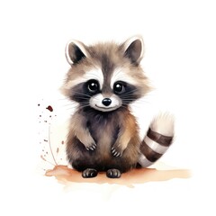 Cute watercolor raccoon isolated on white background. illustration. Generative AI