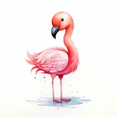 Pink flamingo isolated on white background. Watercolor hand drawn illustration Generative AI