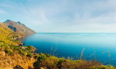 Paradise sea landscape from coastline trail of Zingaro Nature Reserve Park, between San Vito lo Capo and Scopello, Trapani province, Sicily, Italy.