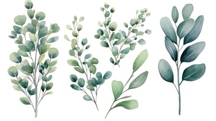 Watercolor set of eucalyptus branches and leaves. Generative AI