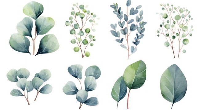 Eucalyptus, eucalyptus, eucalyptus. Set of watercolor illustrations Generative AI