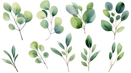 Watercolor eucalyptus leaves set. illustration. Generative AI - obrazy, fototapety, plakaty