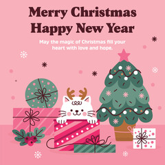 Merry Christmas and Happy New Year, greeting cards, posters, holiday covers. Colorful modern Christmas design, green, red, yellow and white. Christmas tree, balls, spruce branches, gift elements.