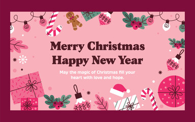 Merry Christmas and Happy New Year, greeting cards, posters, holiday covers. Colorful modern Christmas design, green, red, yellow and white. Christmas tree, balls, spruce branches, gift elements.