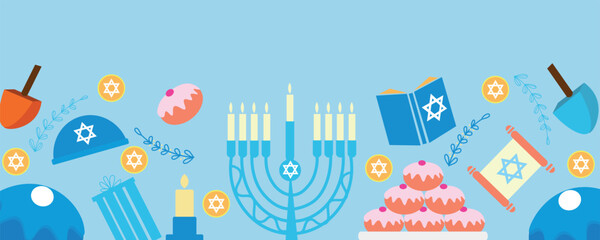 Fototapeta na wymiar Pattern for design with symbols of Hanukkah on blue background