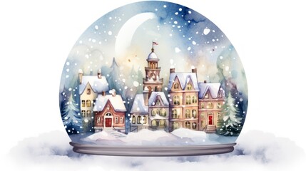 Watercolor snow globe with christmas houses on white background. Hand drawn illustration Generative AI