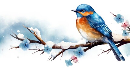 Watercolor illustration of a bluebird on a branch with flowers. Generative AI