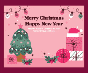 Merry Christmas and Happy New Year, greeting cards, posters, holiday covers. Colorful modern Christmas design, green, red, yellow and white. Christmas tree, balls, spruce branches, gift elements.
