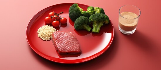 On the red plate, a healthy meal of organic cuisine was served, consisting of a delicious snack of fresh pork saCountryge, low in fat, and dry to the taste, providing nutritious and tasty food.