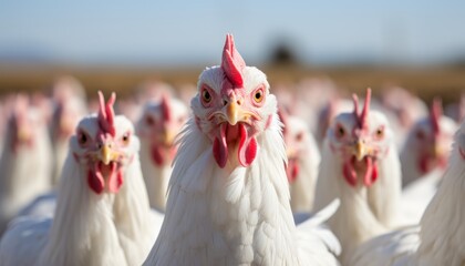 Contrasting ecological giant chicken at the domestic farm with mass produced factory chickens - obrazy, fototapety, plakaty