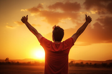 Fototapeta premium Triumphant Reverie: Man with Arms Raised in the Moment of Glory. Generative ai