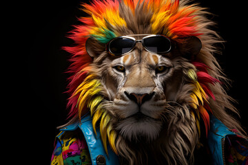 Punk Pride: Lion with Rainbow Mane and Edgy Attire. Generative ai
