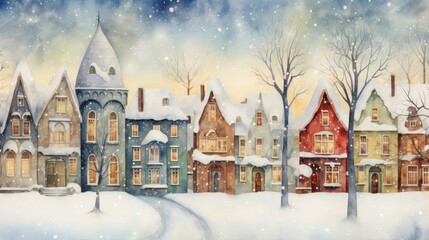 Winter village with houses and trees covered with snow. Watercolor illustration. Generative AI