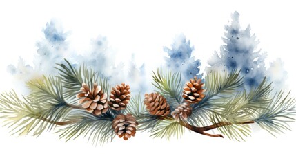 Watercolor christmas background with pine branches and cones. illustration. Generative AI