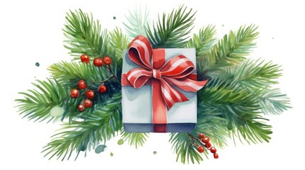 Watercolor Christmas illustration with fir tree branches, berries and gift box. Generative AI
