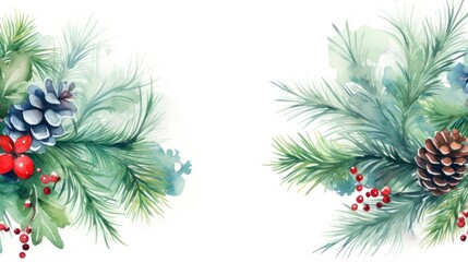 Watercolor Christmas seamless pattern with fir branches, pine cones and berries. Generative AI