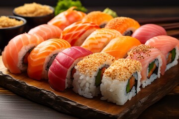 Delicious Assortment of Freshly Made Sushi Rolls Presented on a Rustic Wooden Plate in a Cozy Cafe