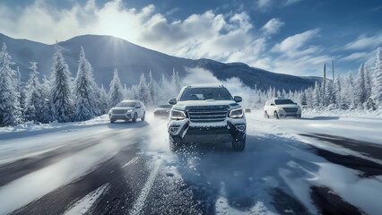 Fototapeta na wymiar Winter Escapade: 4x4 SUVs tackling treacherous snowy mountain roads