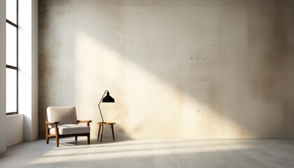 Contemporary minimalist interior with comfortable armchair on empty white concrete wall background