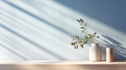 Luxury organic skincare beauty display on wooden counter table with soft sunlight and leaf shadow