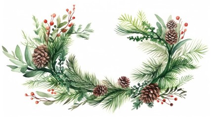 Naklejka na ściany i meble Watercolor Christmas wreath with fir branches, pine cones and berries. Hand painted illustration. Generative AI