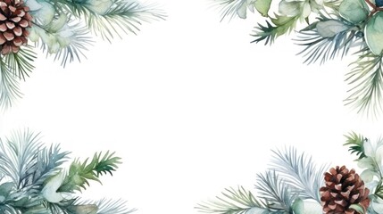 Watercolor Christmas wreath with fir branches, pine cones and snowflakes. Hand painted illustration Generative AI