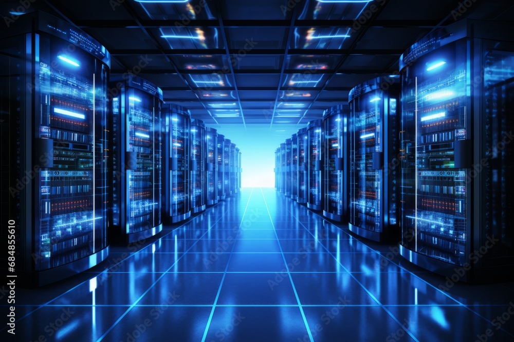 Poster visually captivating modern data center with state of the art server racks emitting a soft blue glow
