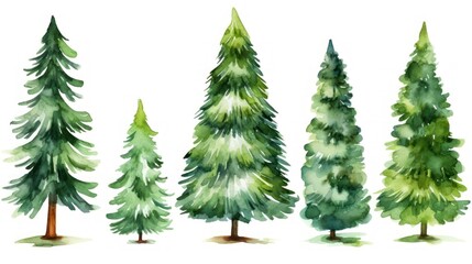 Watercolor pine trees set. Hand drawn illustration isolated on white background Generative AI