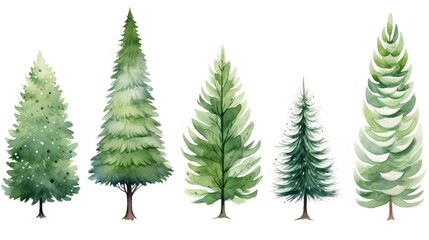 Watercolor set of pine trees. Hand drawn illustration isolated on white background Generative AI