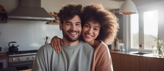 Joyful international couple happily embracing in cozy modern kitchen at home, both facing the camera. - Powered by Adobe