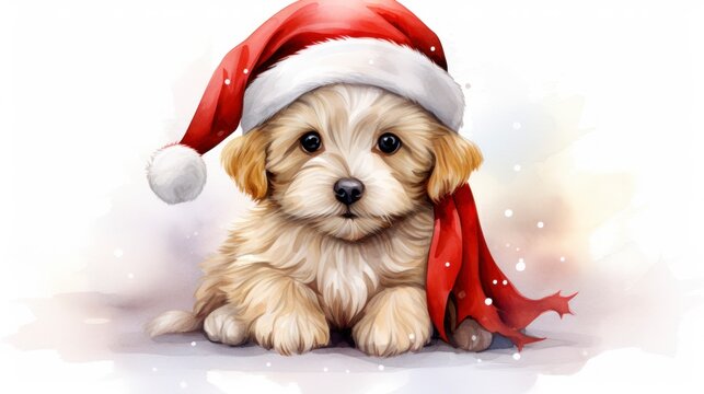 Cute puppy in Santa Claus hat. Digital painting on white background. Generative AI