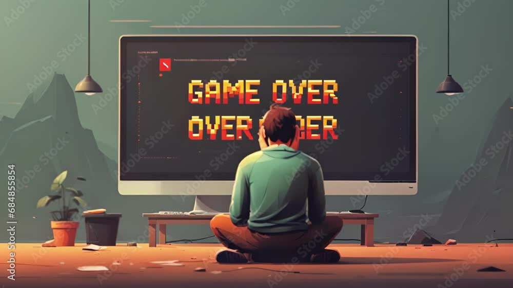 Poster minimal flat motion of a persons screen displaying a game over message, as they sit with their head 