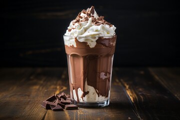 Delicious and indulgent hot chocolate milkshake with whipped cream topping served in a glass - obrazy, fototapety, plakaty