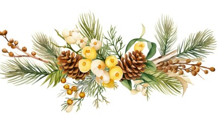 Watercolor Christmas wreath with fir branches, cones and berries on a white background Generative AI