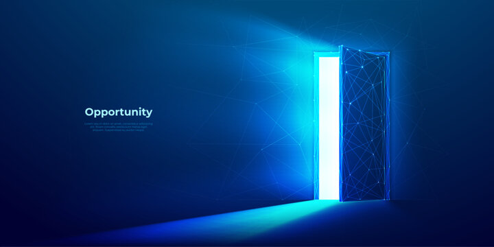 Abstract digital open door in future. Technology portal with bright neon light. Low poly futuristic door in tech blue. Opportunity concept on dark background. Wireframe polygonal vector illustration.
