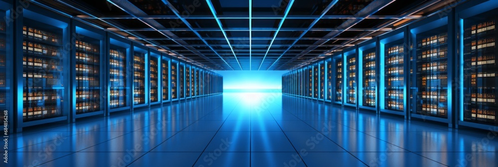 Aufkleber futuristic data center with advanced server racks emitting a mesmerizing soft blue glow
