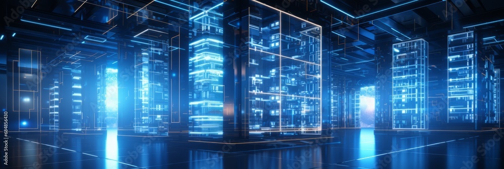 Poster visually captivating modern data center with state of the art server racks emitting a soft blue glow