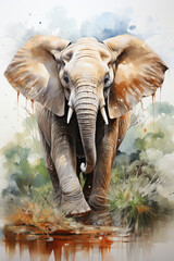 Fototapeta premium An elephant in natural habitat. Watercolor animal illustration.