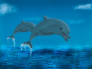 Dolphins jumping out of water on a clear day illustration
