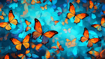 Butterflies Morpho. Flight of bright blue and orange butterflies abstract background