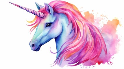 Watercolor Pink Cartoon Unicorn with Different Colors Hair AI Generated