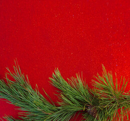 Red Christmas background with Christmas tree branch and Christmas balls and toys