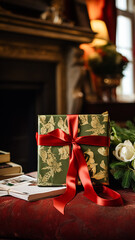 Christmas gift box near cosy fireplace in the English country cottage, winter holidays, boxing day celebration and holiday shopping